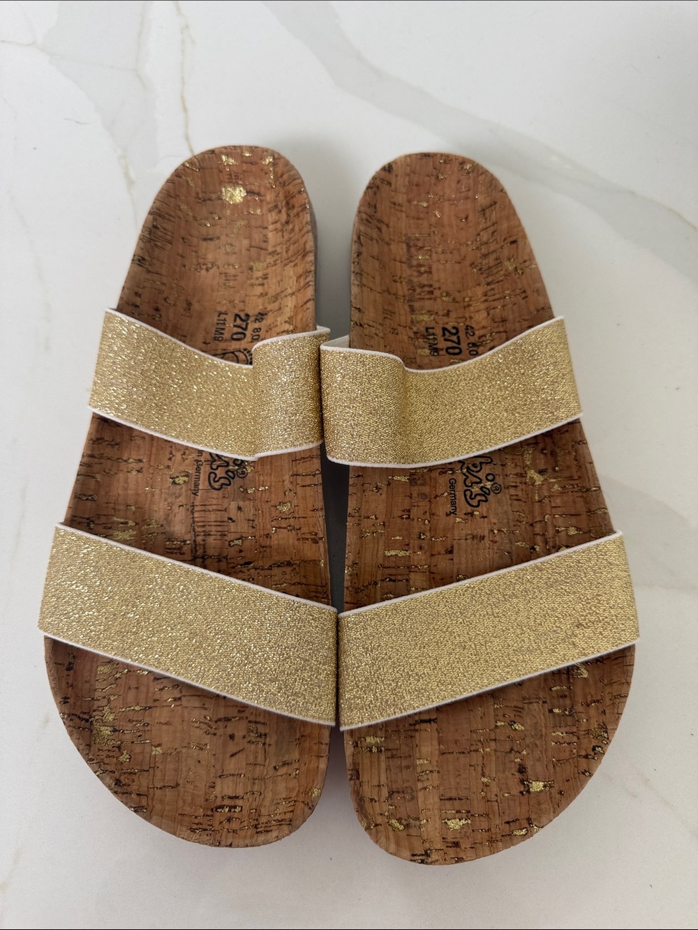 Birkenstock Birkis 42 11 R Gold Glitter Cork Double-Strap Slide Sandals